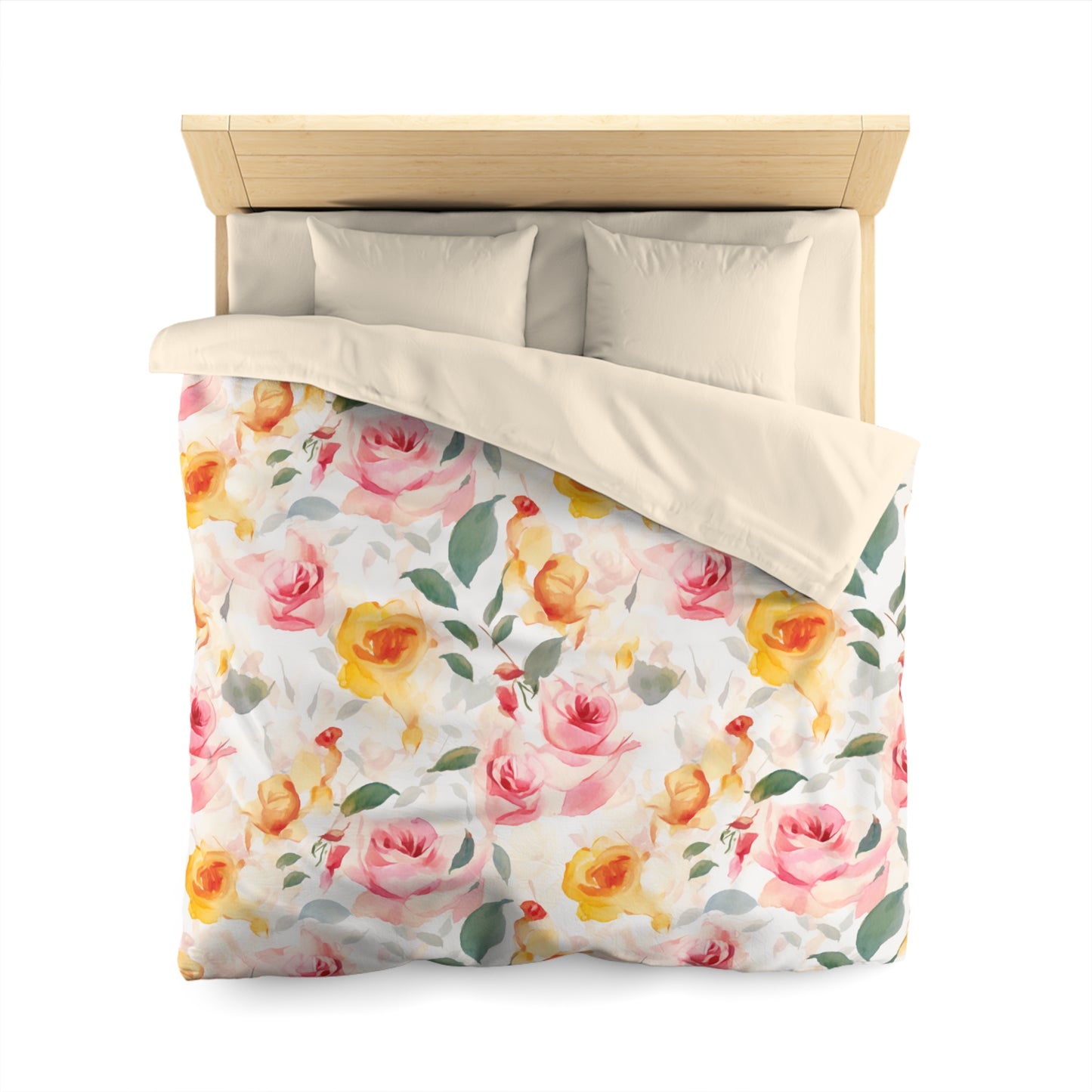 Pink and Yellow Roses Watercolor Print Microfiber Duvet Cover