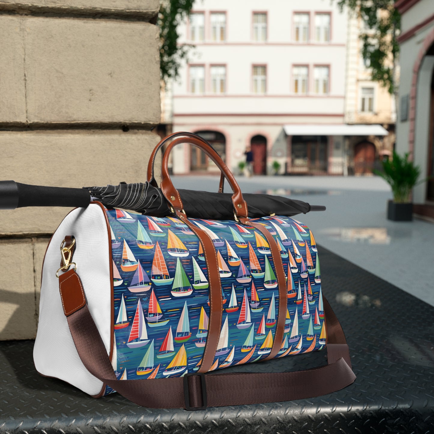 Colorful Sailboats on a Blue Sea Waterproof Travel Bag