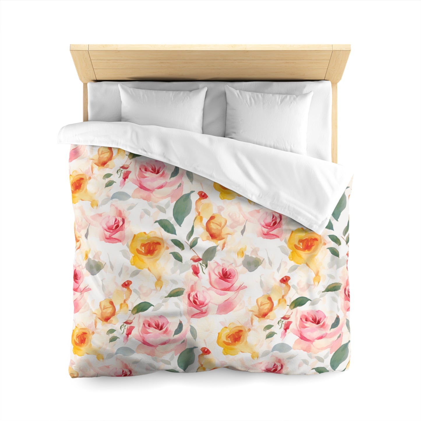 Pink and Yellow Roses Watercolor Print Microfiber Duvet Cover